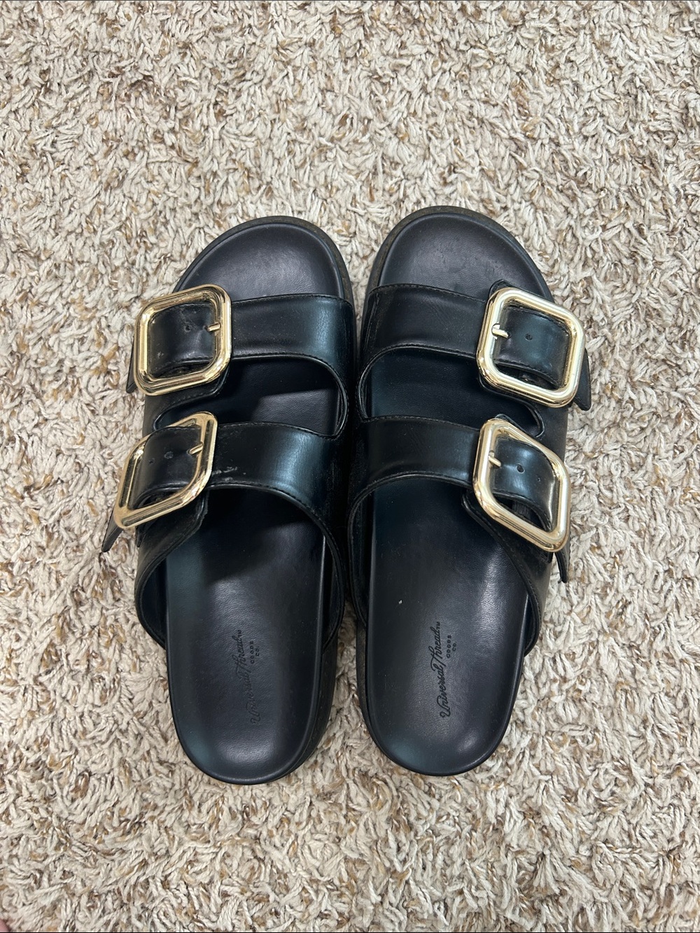 Black Double-Buckle Leather Slide Sandals with Gold Buckles